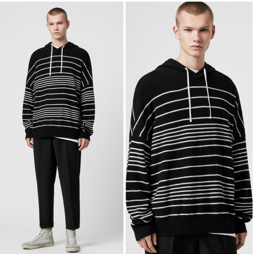 ALLSAINTS Reverb Hooded Stripes Contemporary Wool Blend Sweater Black Ecru